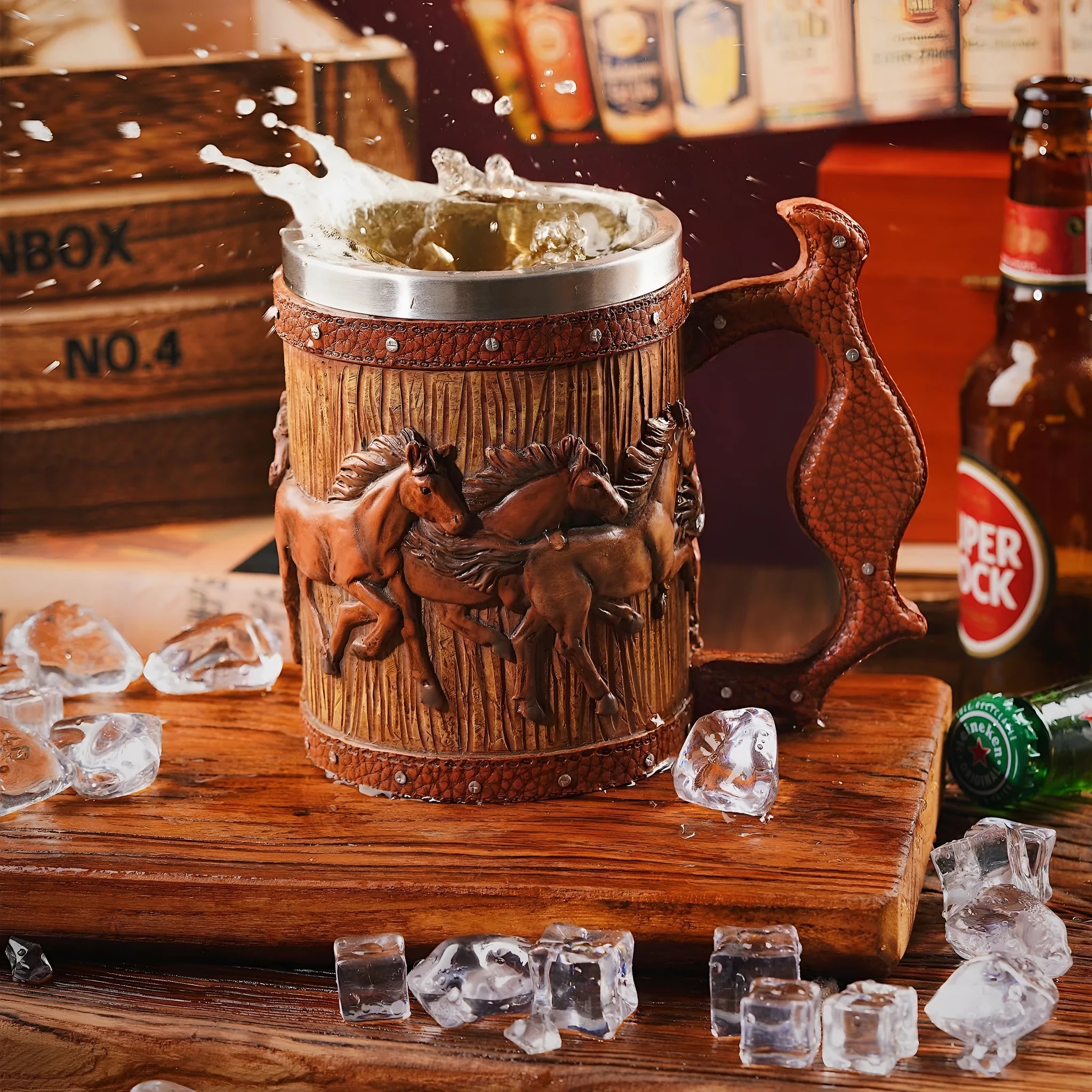 Brown simulation wooden barrel resin beer mug with horse design, 600ml capacity, on table