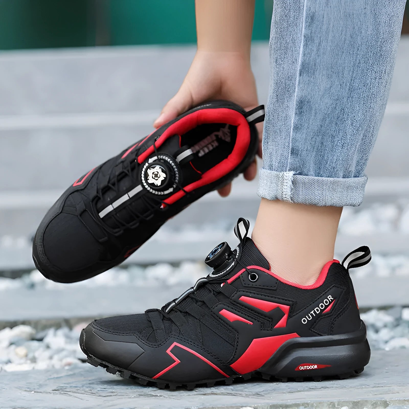 Men's lightweight hiking shoes with elastic band fastening in beige, black, and black-red colours