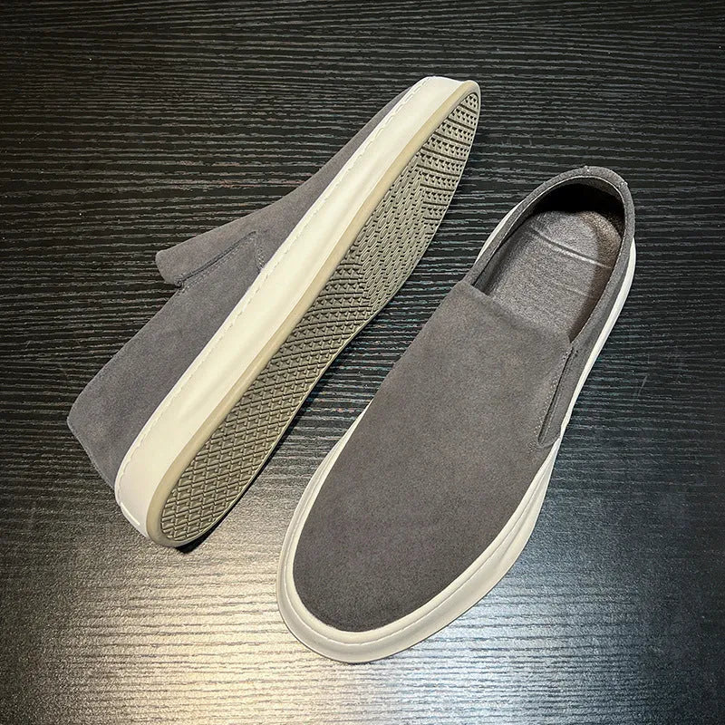 Grey and apricot men's casual round toe shoes with a mid heel and sleeve-on design