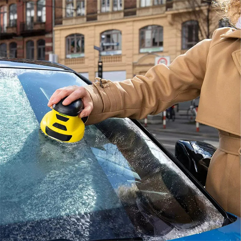 Yellow cordless electric car ice scraper with USB charging cable