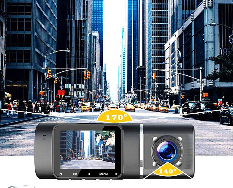 Black dash camera with dual lenses for front and rear recording, 1.5-inch screen, and car mounting stand