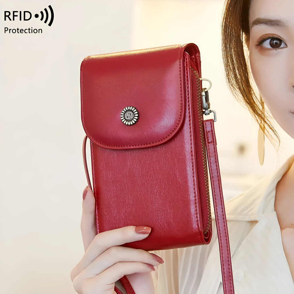 Anti-magnetic phone bag retro wax leather PU crossbody with card slot in black for daily wear