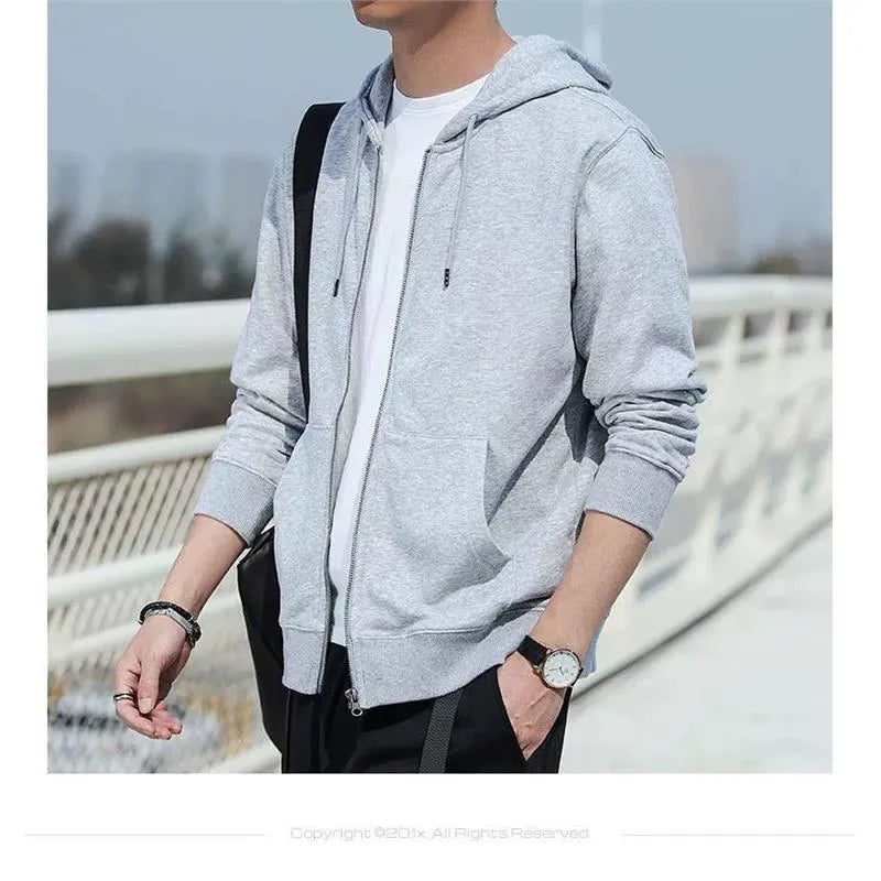 Men's autumn winter sweater hoodie cardigan in solid colour loose fit with top stitching pockets
