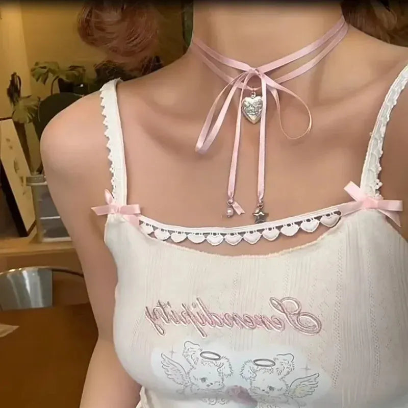 Women's alloy fashion necklace with love pendant on ribbon-style clavicle chain