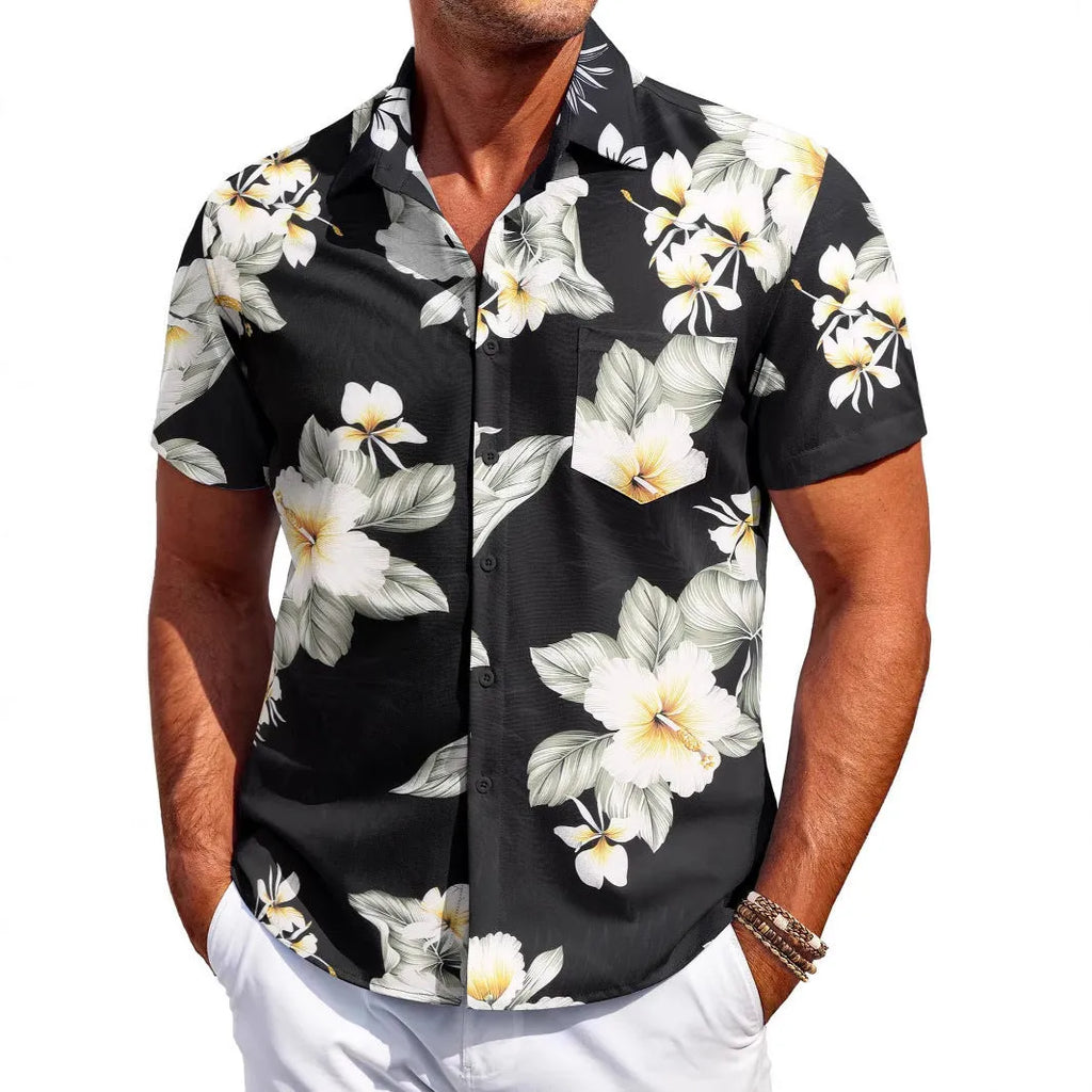 Men's slim fit Hawaiian short sleeve shirt in elastic polyester fabric for summer wear