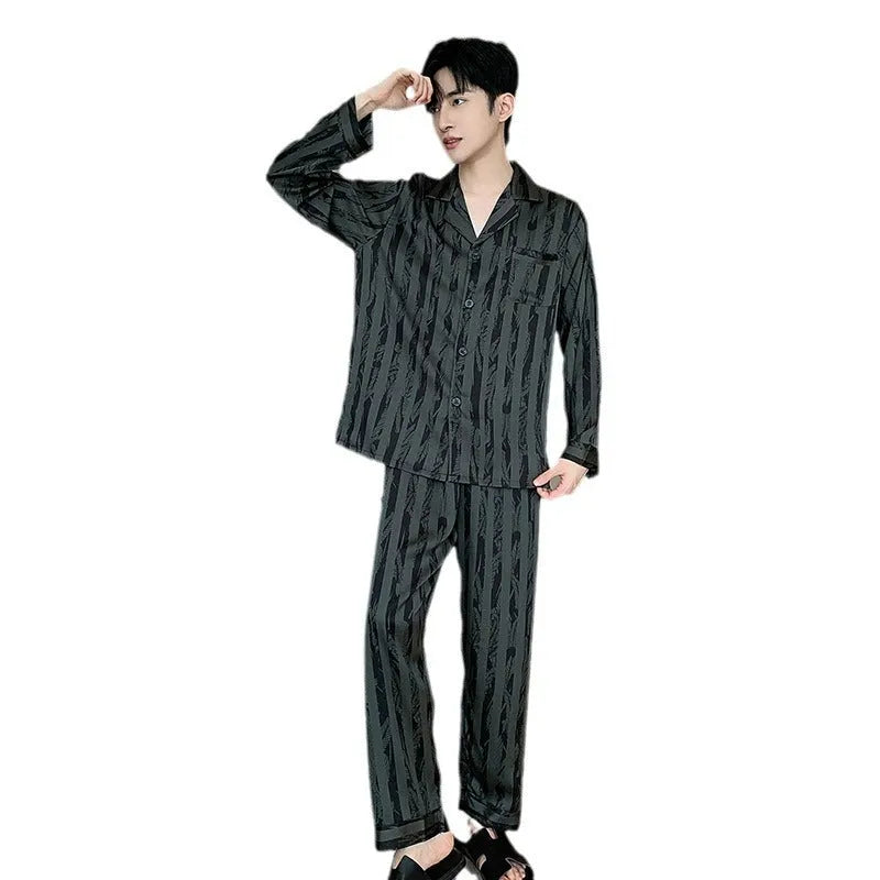 Men's black stripes ice silk pajama set with V-neck top and long trousers