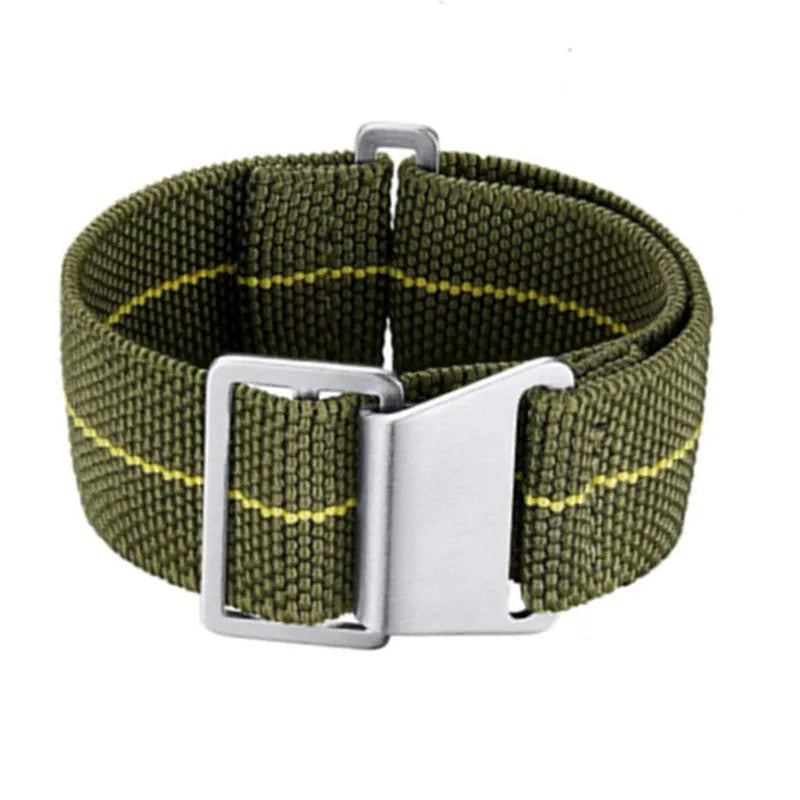 Nylon parachute elastic watchband in multiple colours with metal buckle on white background