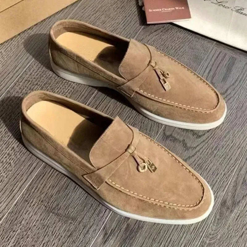 Unisex slip-on loafers with round toe design and decorative stitching in multiple colour options