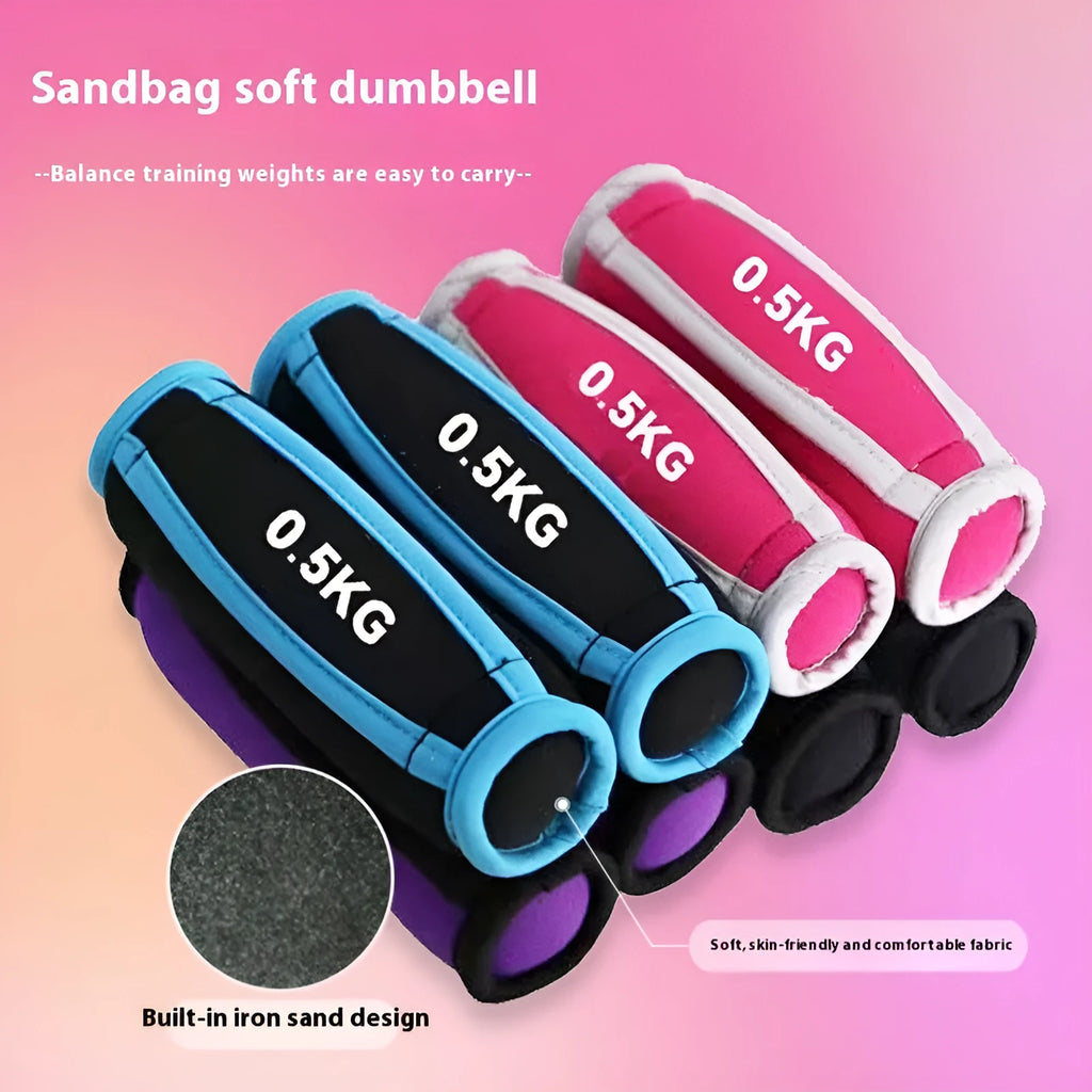 Soft dumbbell hand grip sandbag in pink, blue, purple, or black, 0.5kg or 1kg pair for running fitness.