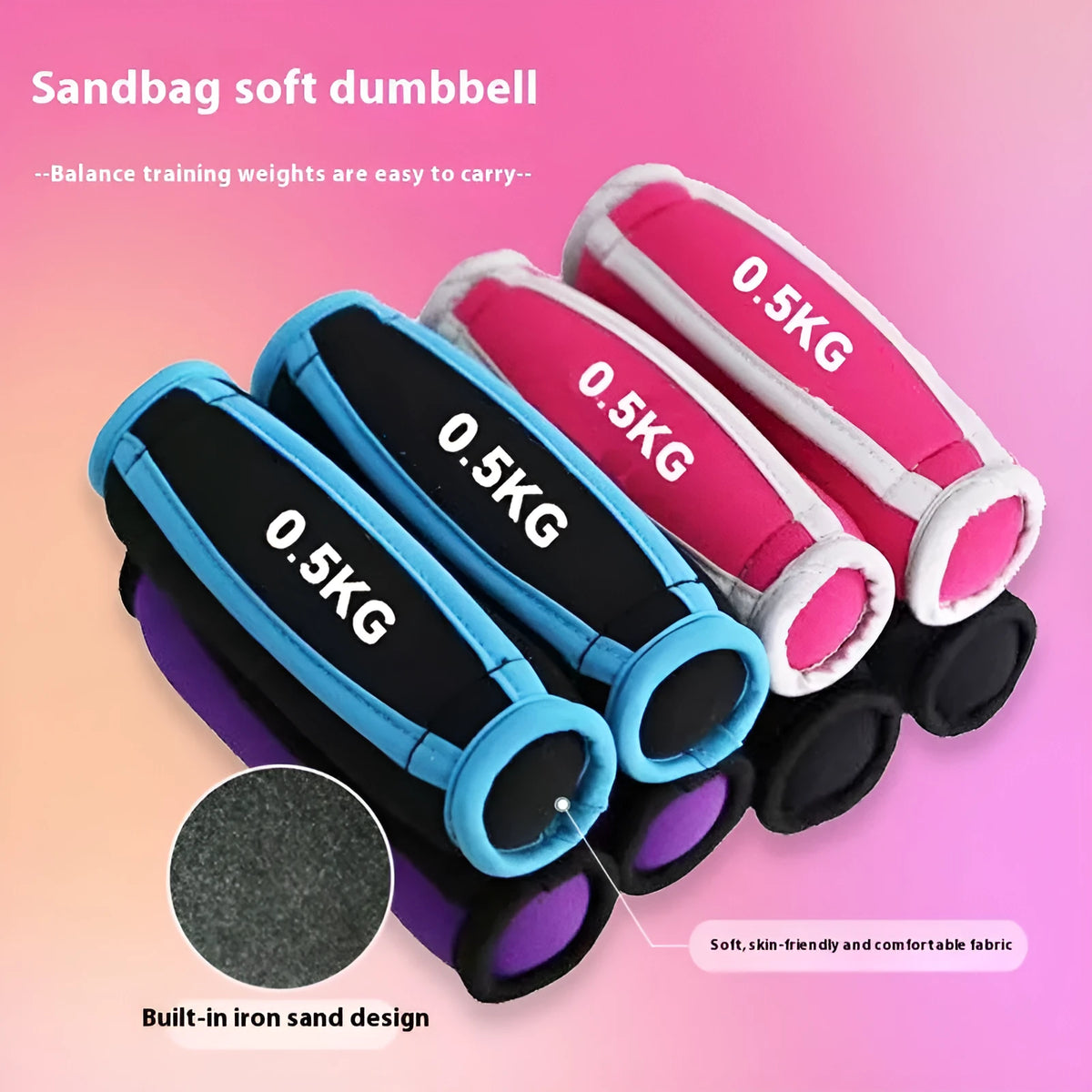 Soft dumbbell hand grip sandbag in pink, blue, purple, or black, 0.5kg or 1kg pair for running fitness.