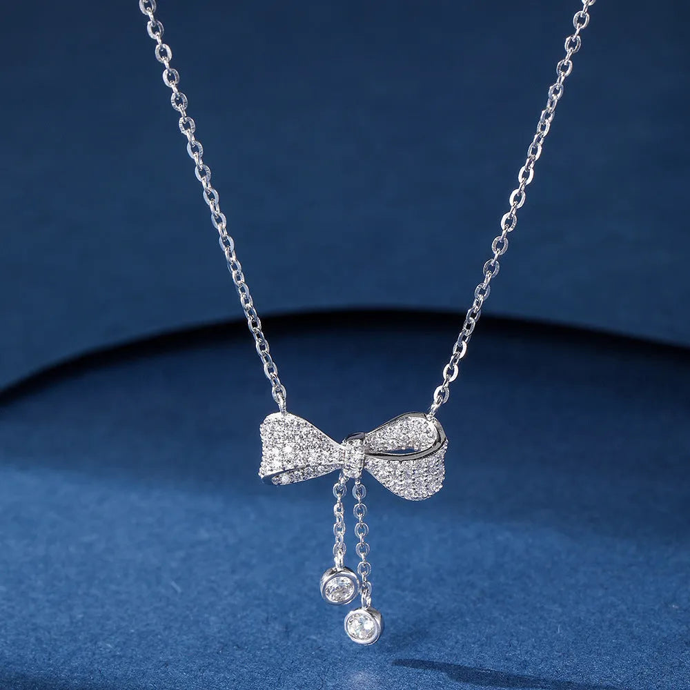 S925 sterling silver bow clavicle chain on O-ring chain for women, silver colour, 40cm–45cm length