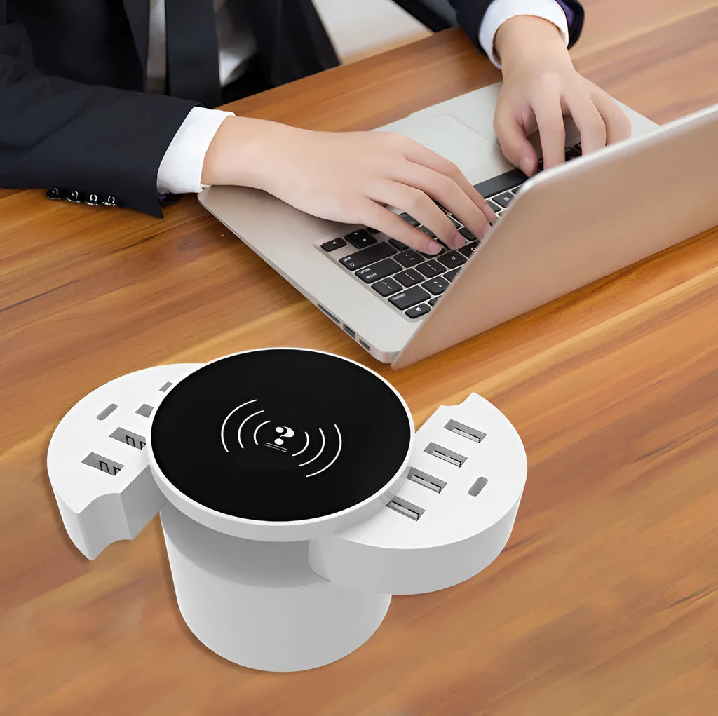 Ceramic white wireless circular charger with worldwide outlet compatibility and 1.5 metre cable