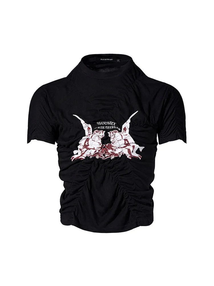 Black men's slim fit short sleeve shirt with a printed design and round neck collar.