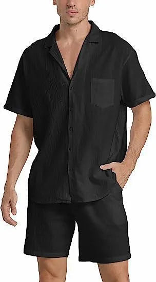 Men's flax summer sports suit with short sleeves and matching shorts in multiple colour options