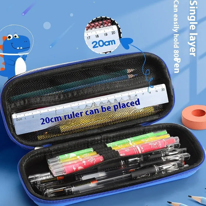 3D leather pencil case with zipper closure showing character design options including astronauts, unicorns, and mermaids