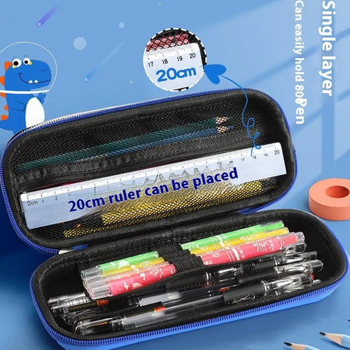 3D leather pencil case with zipper closure showing character design options including astronauts, unicorns, and mermaids