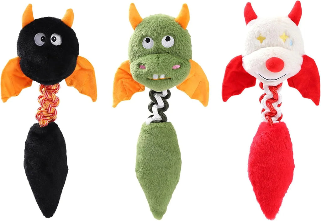 Cartoon-shaped plush dog toy with a rope knot in black, green, or red