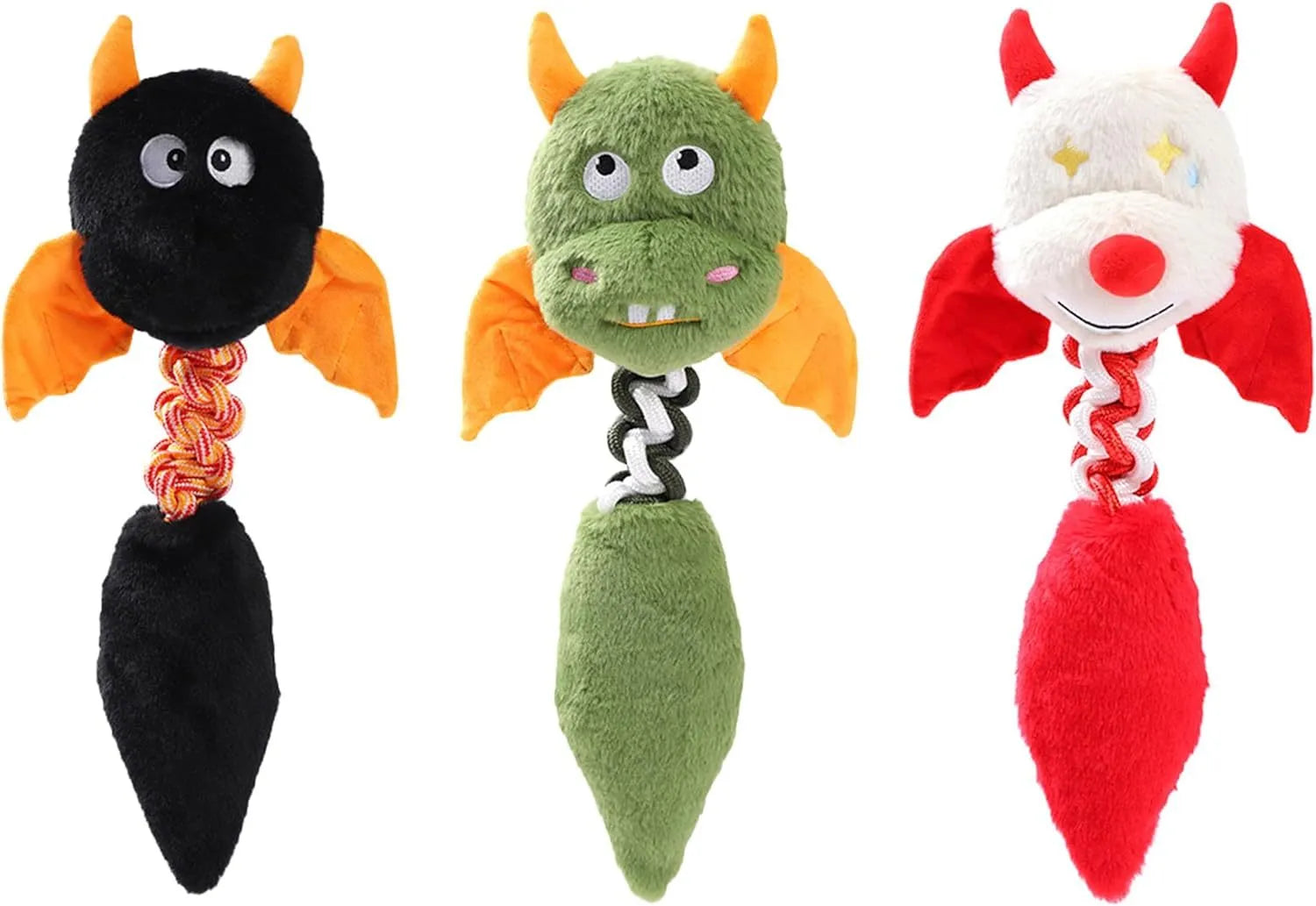 Cartoon-shaped plush dog toy with a rope knot in black, green, or red