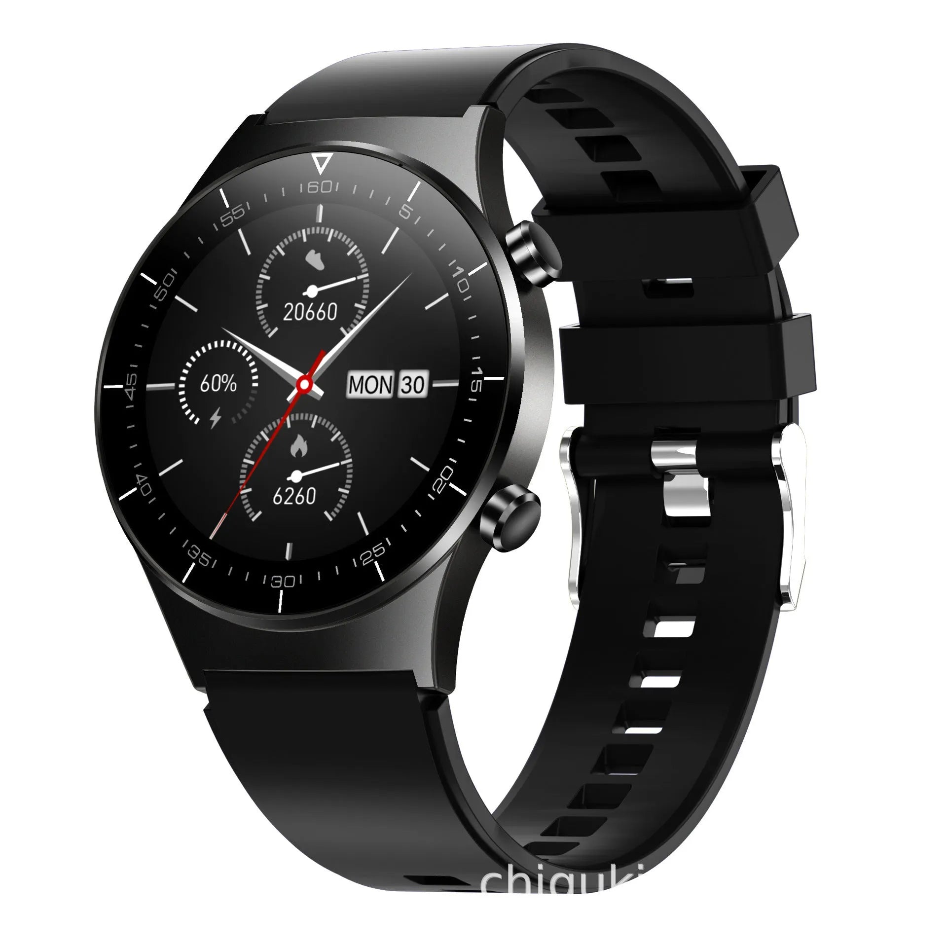 Black smart watch with 1.28 inch screen and TPU sports bracelet for health monitoring.