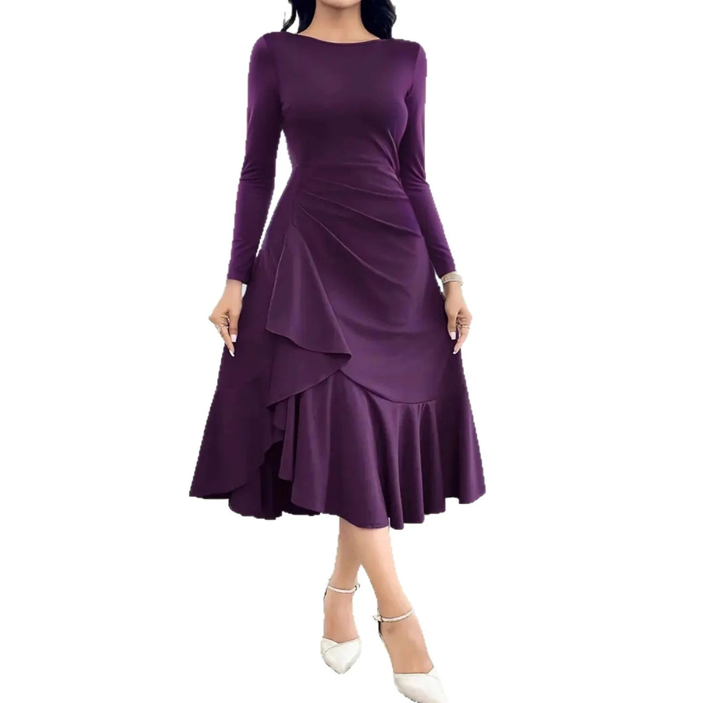 Purple women's long sleeve pullover dress with ruffled details and round neck