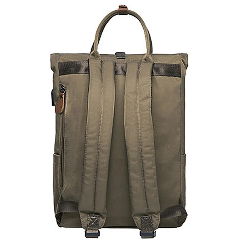 Men's casual polyester backpack in dark grey showing front view and open compartment with laptop pocket.