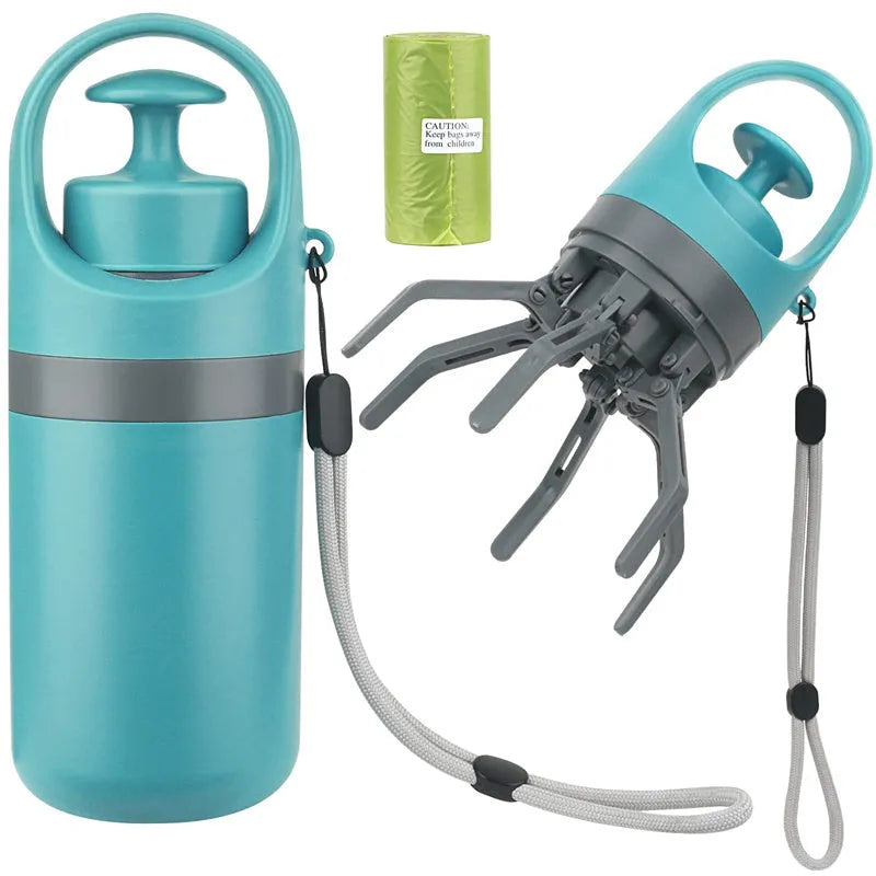 Blue plastic portable dog pooper scooper with built-in bag dispenser and eight-claw shovel