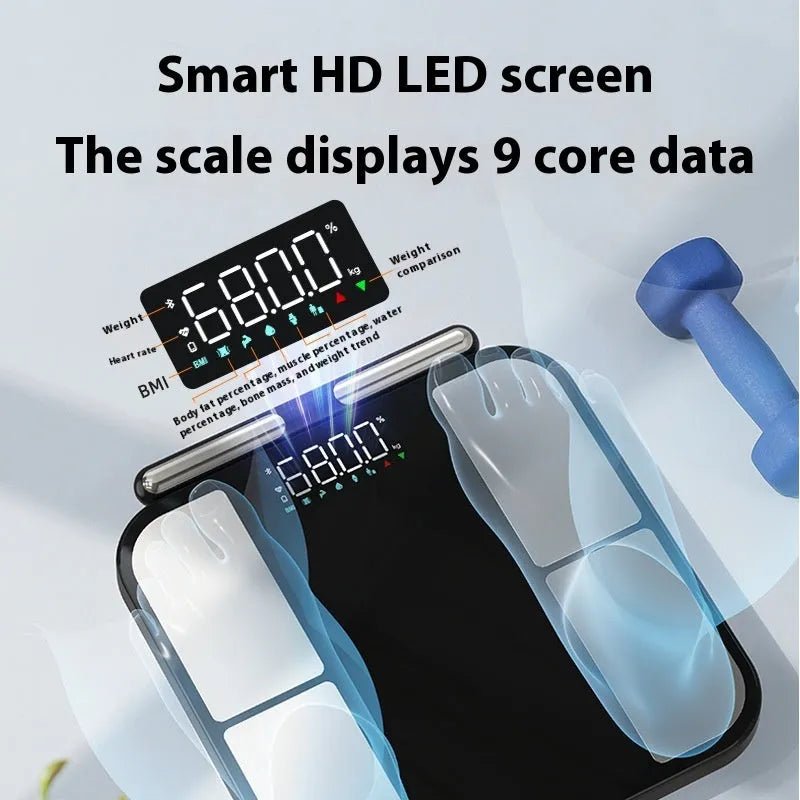 Black electronic household scale with tempered glass platform and colour touchscreen display