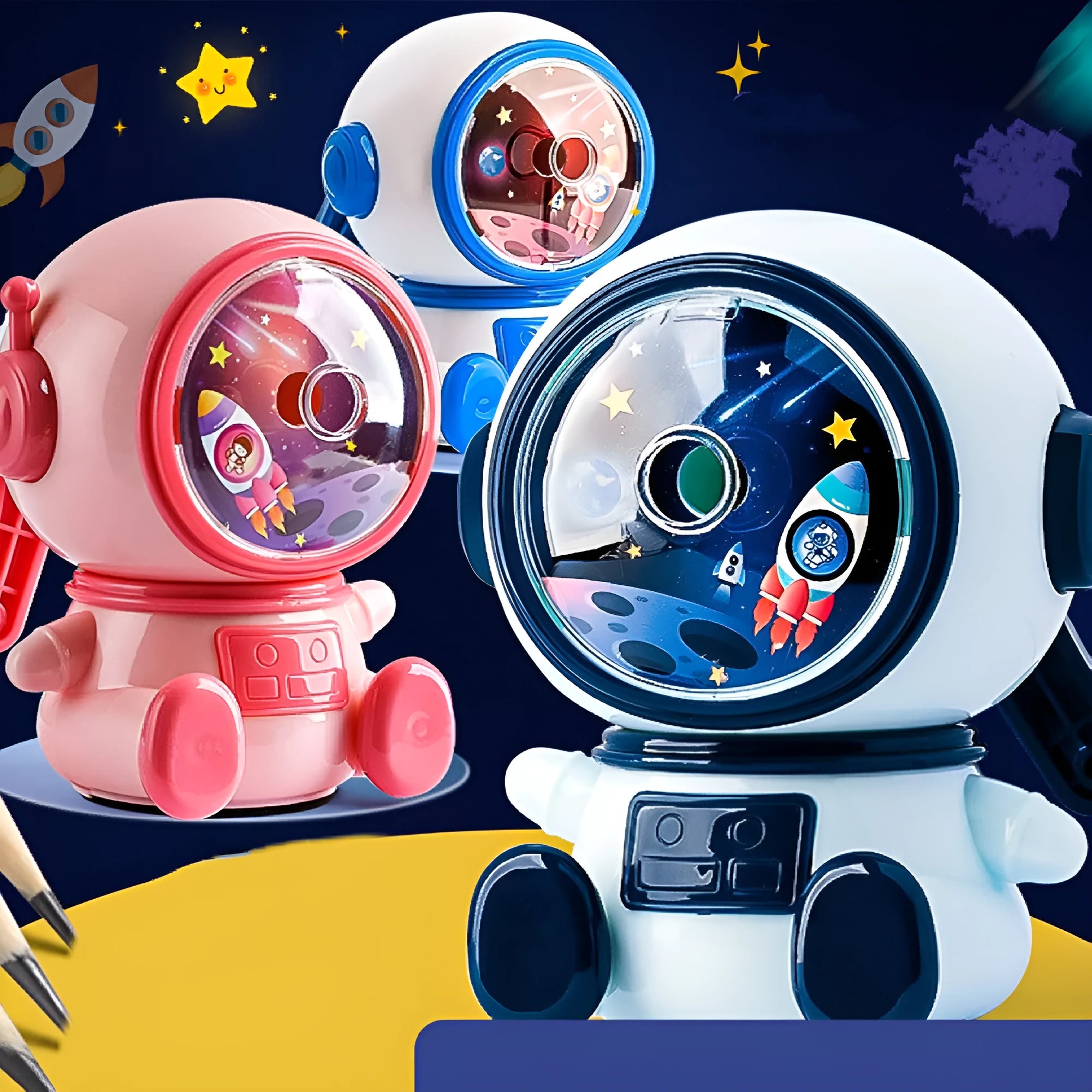 Children's astronaut cartoon manual pencil sharpener in blue or pink colour options