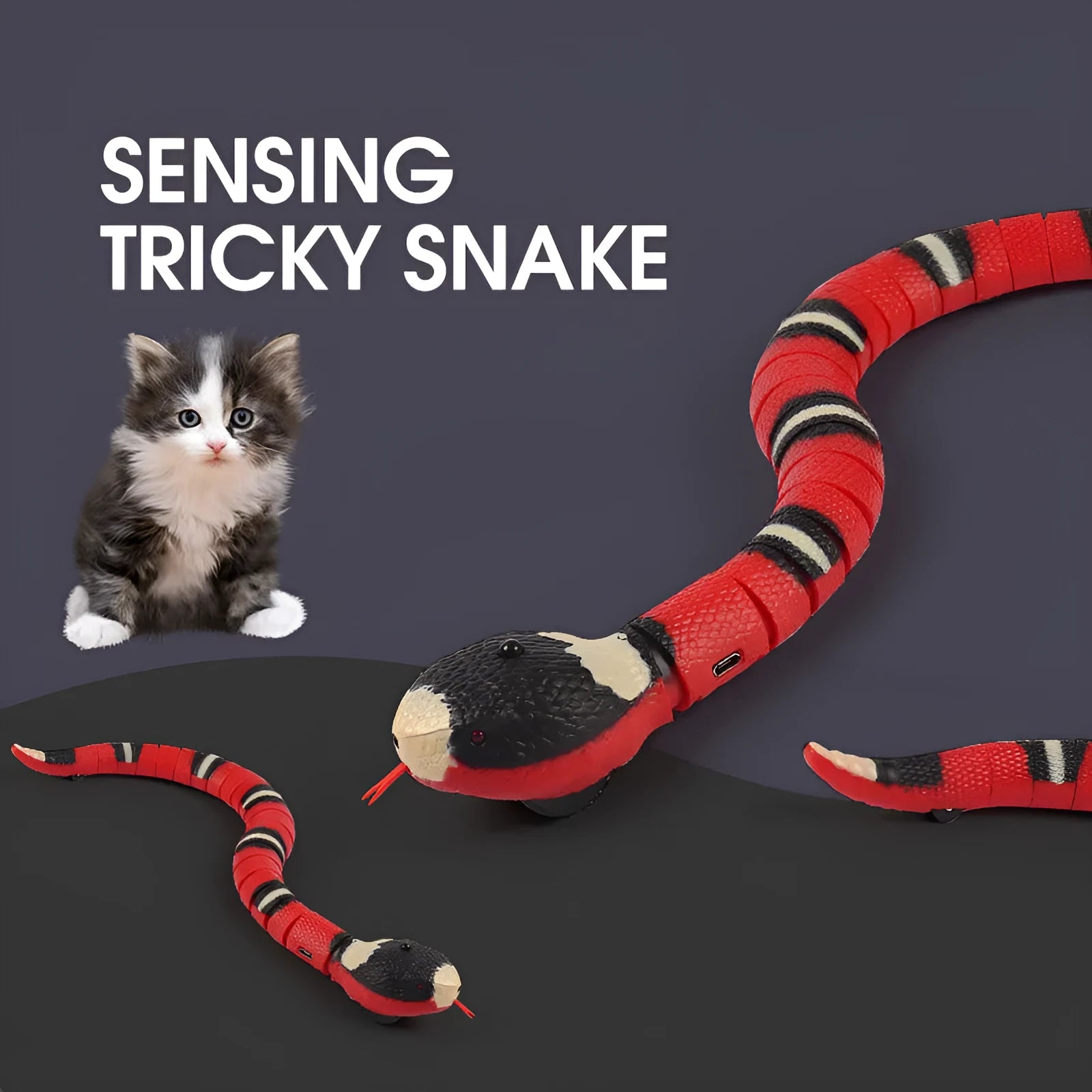 Automatic smart sensing snake cat toy with segmented body for realistic slithering movement