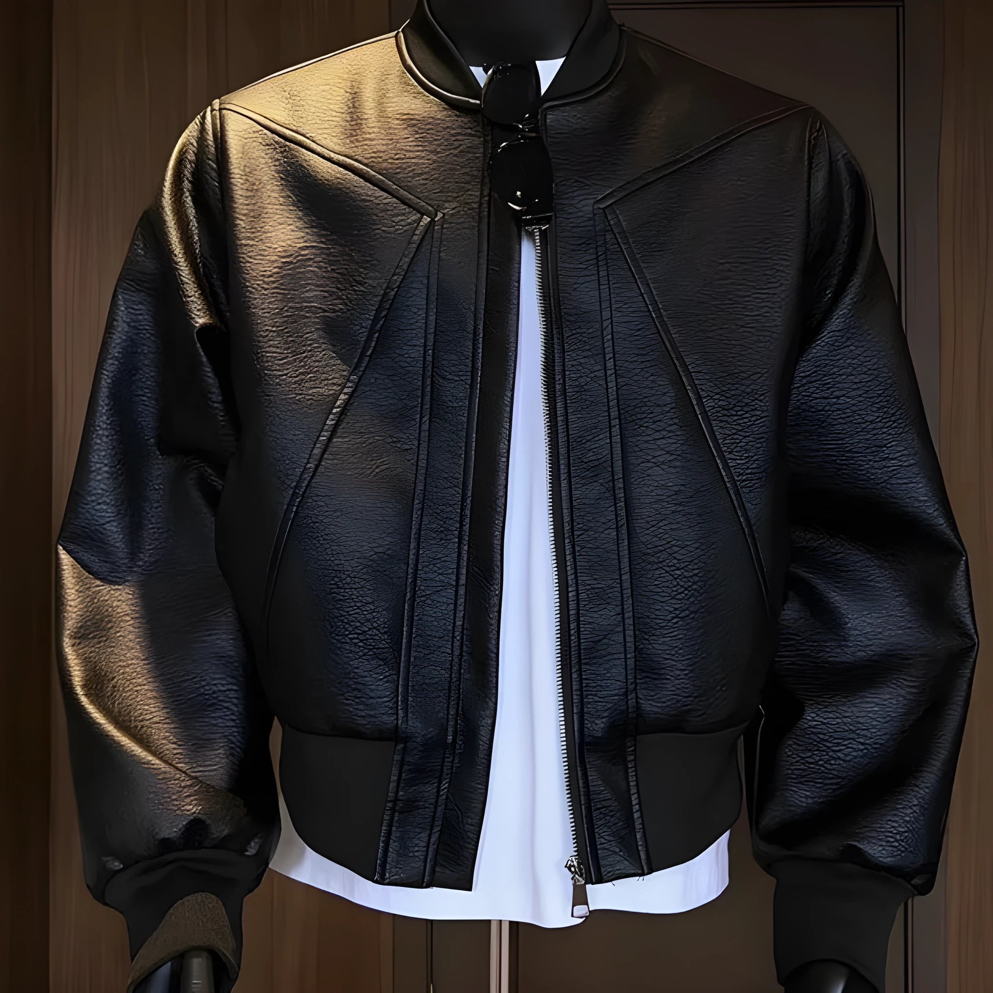 Men's black PU leather jacket with litchi texture and extended length in slim business fit