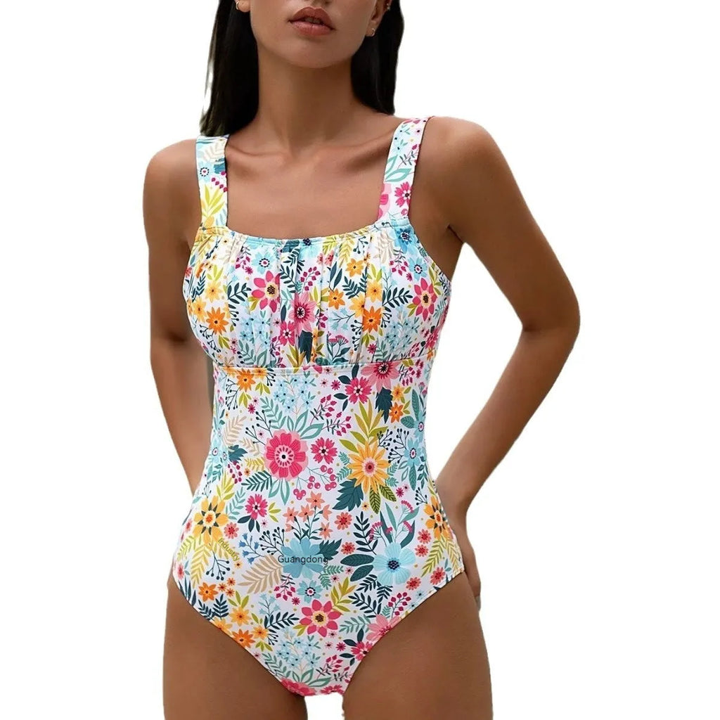 Women's pastoral floral print one-piece swimsuit in polyester fabric with full coverage design