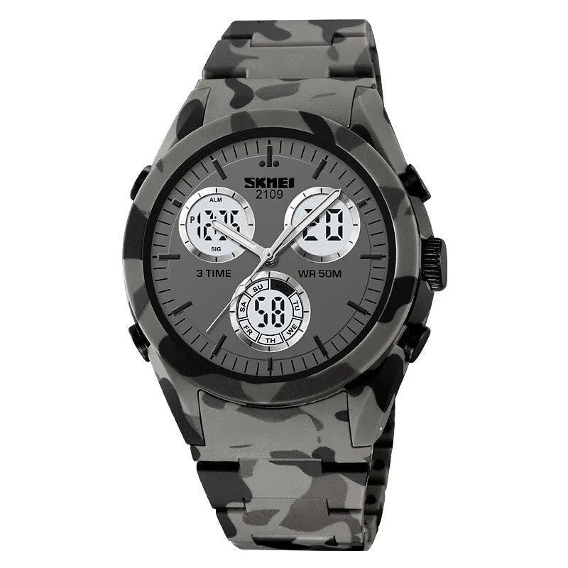 Electronic casual watch with camouflage pattern, resin crystal, and stainless steel button on TPU strap