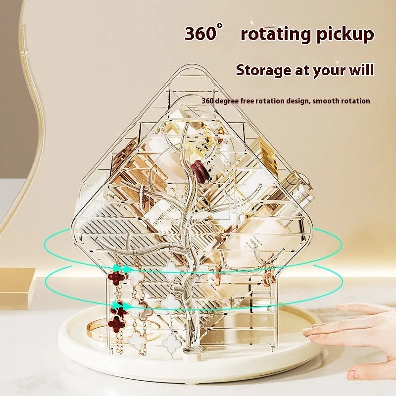 Plastic rotating cosmetics storage box with 360-degree turn in clear or amber gold colour