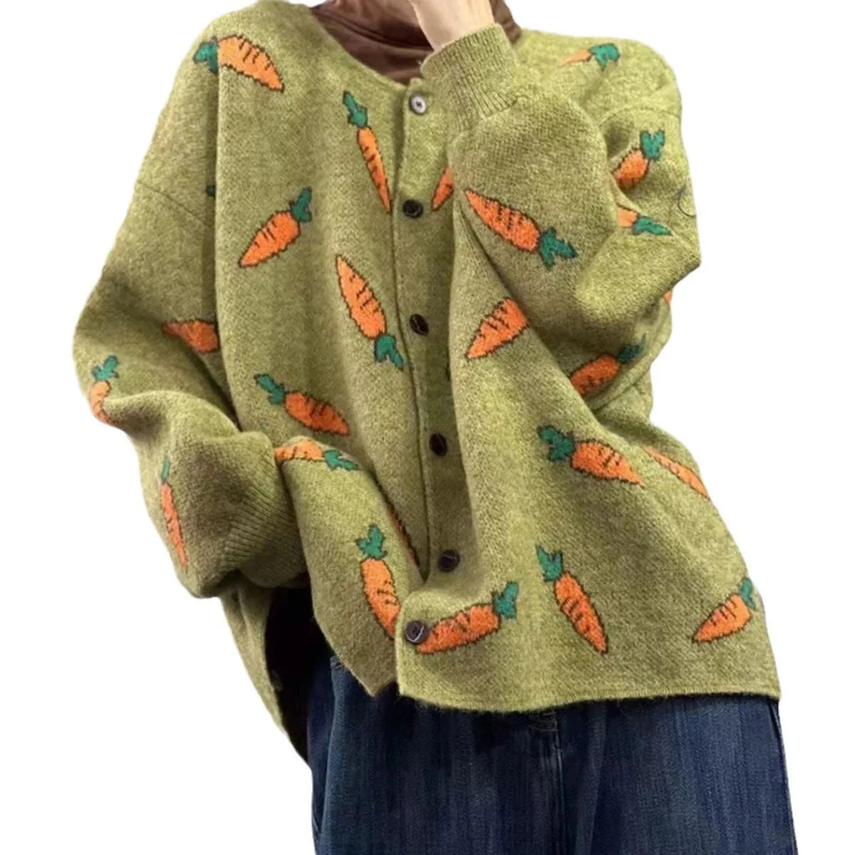 Round neck artistic print viscose cardigan sweater in loose street fashion style