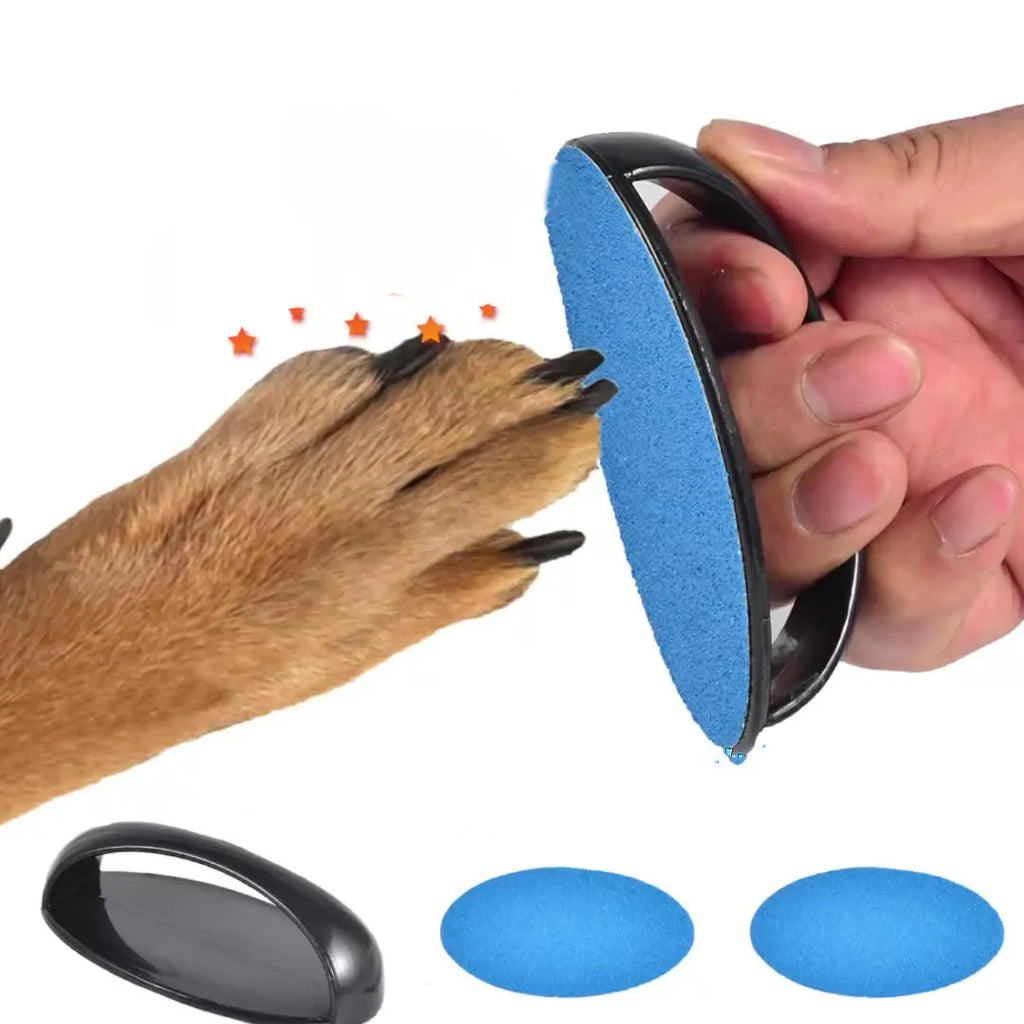 Upgraded dog nail scratch board with ergonomic handle in one of four colours: black, blue, green, or yellow.
