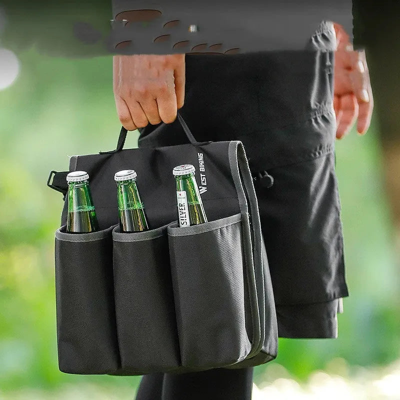 Black and blue orange bicycle double-sided anti-scratch shelf bag mounted on bike frame showing drink storage capacity