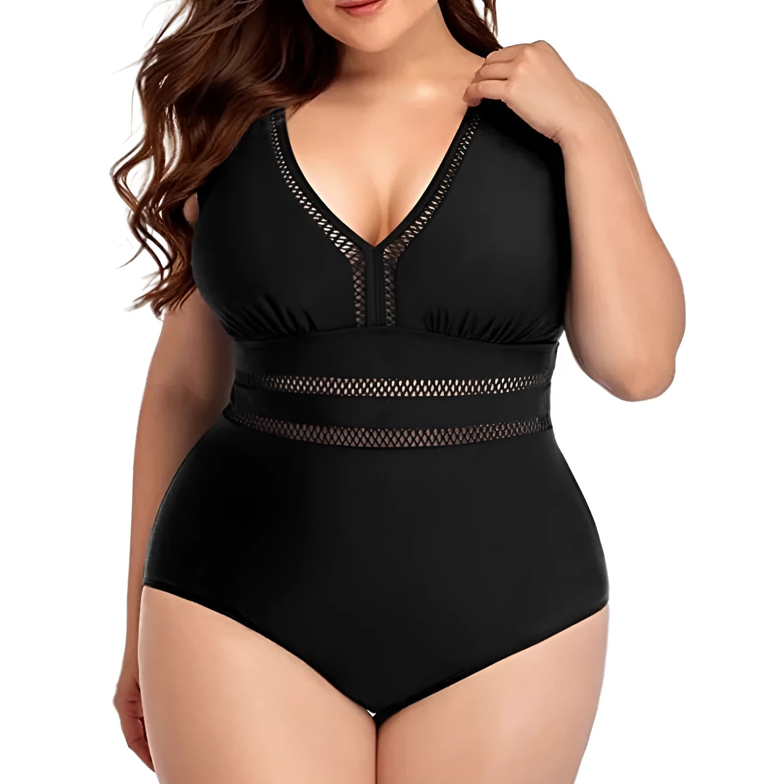 Women's black printed polyester plus-size bikini swimsuit shown on a hanger.