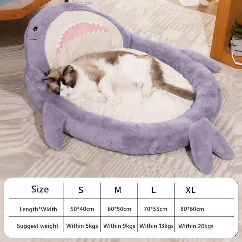 Blue shark pattern pet bed cushion on floor with velvet fabric and non-slip bottom