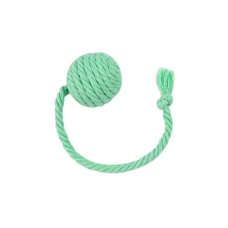 Cat toy ball with rope attached in green, pink, purple, or yellow colours with internal bell