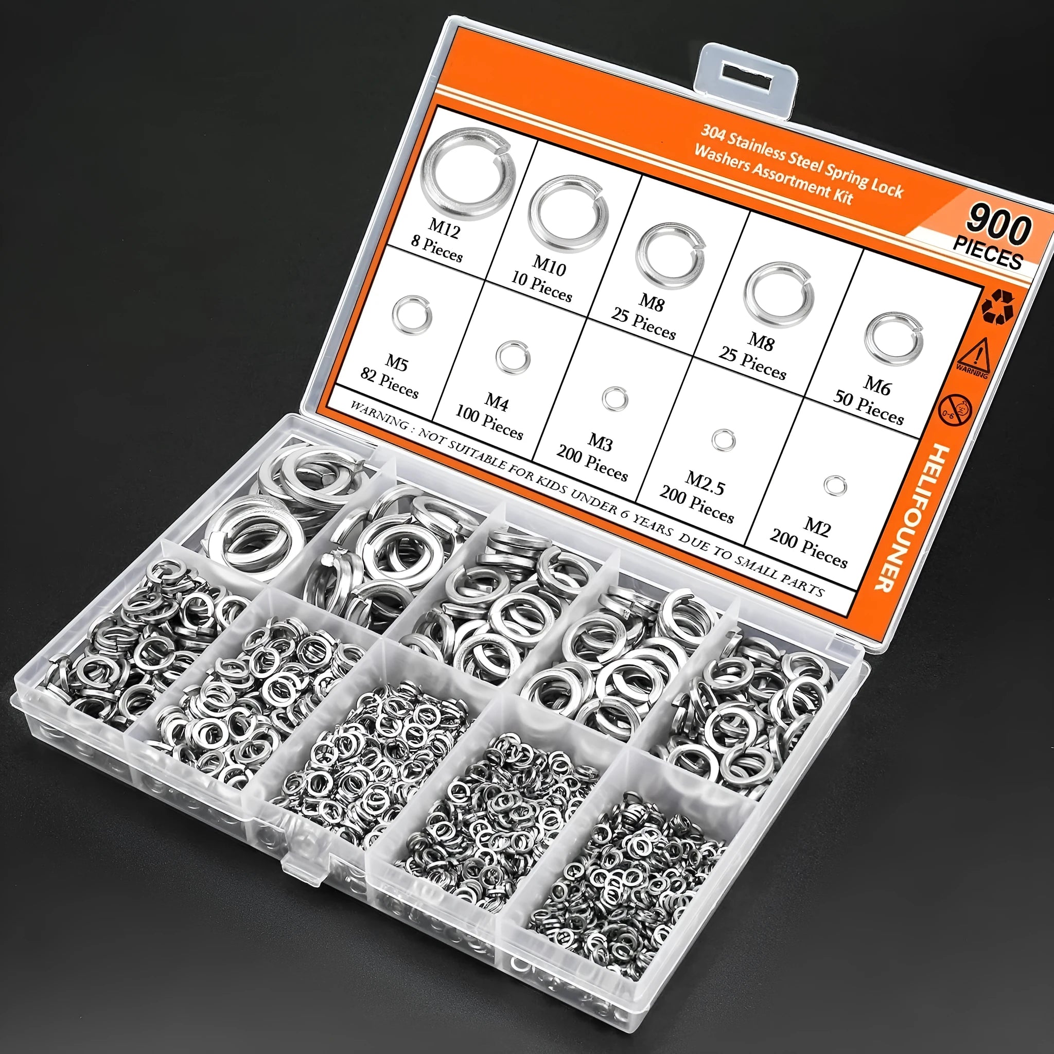 304 stainless steel spring lock washer combination box with 900-piece assortment for mechanical repairs