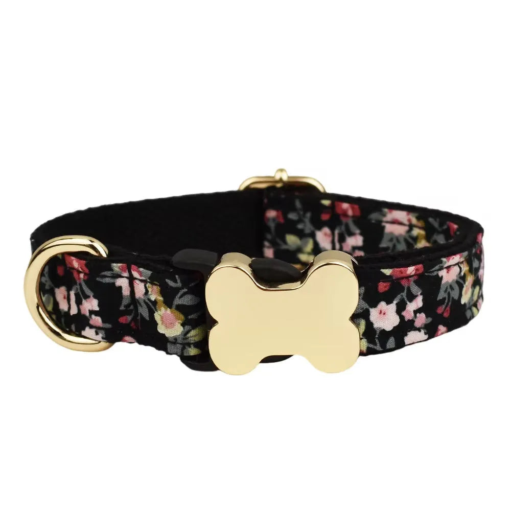 Flat nylon dog collar with printed grid pattern and bone-shaped buckle