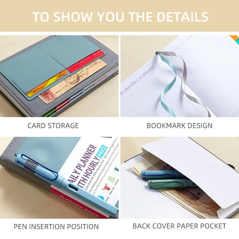 PU leather undated notebook with strap in purple, open to show pages and planning stickers.