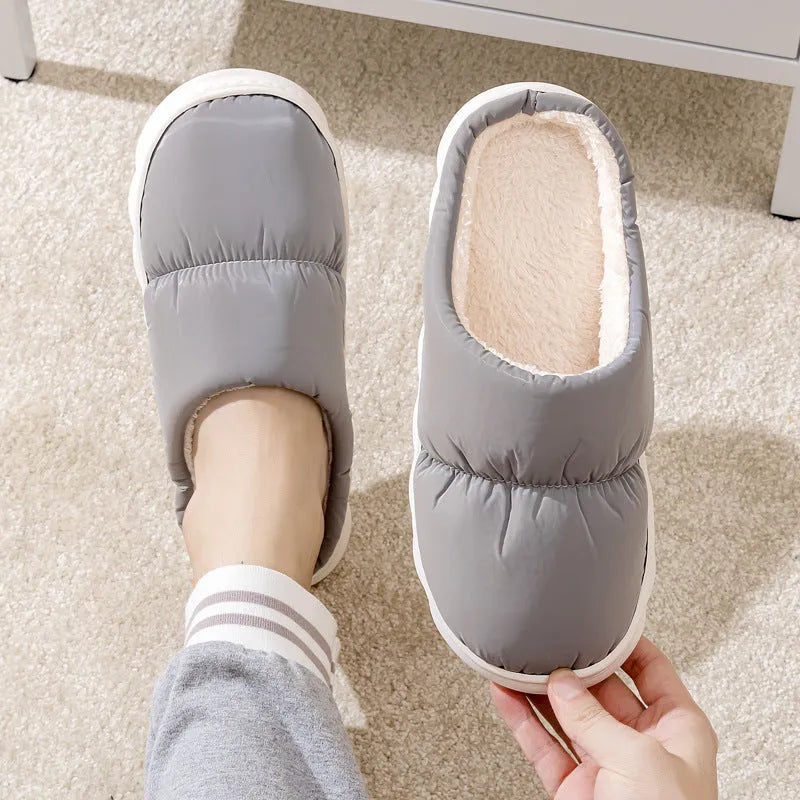 Winter indoor slippers with artificial leather upper, rubber sole, and plush lining in multiple colour options