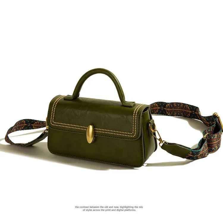 Brown retro women's messenger bag with sandwich pocket design and shoulder strap