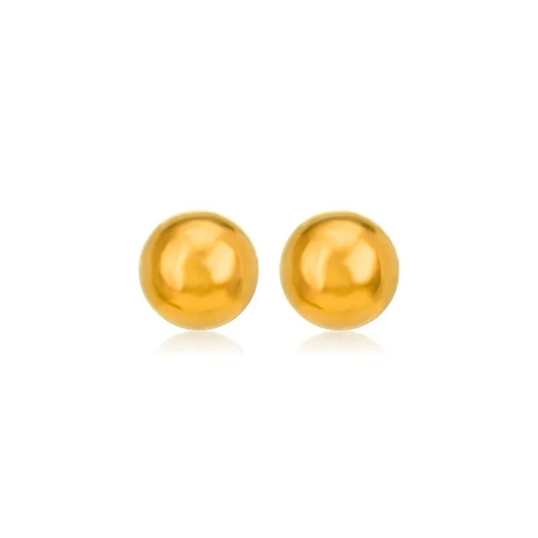 Stainless steel round ball stud earrings in gold or silver, showing 3mm, 4mm, 5mm, and 6mm size options.