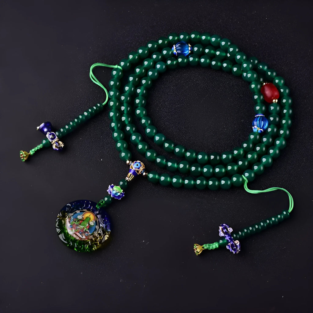 Natural green agate 108 bead bracelet in thangka style with certificate