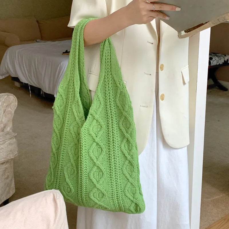 Women's retro knitted wool shoulder tote bag in a solid colour with double straps, shown with a 55cm width.