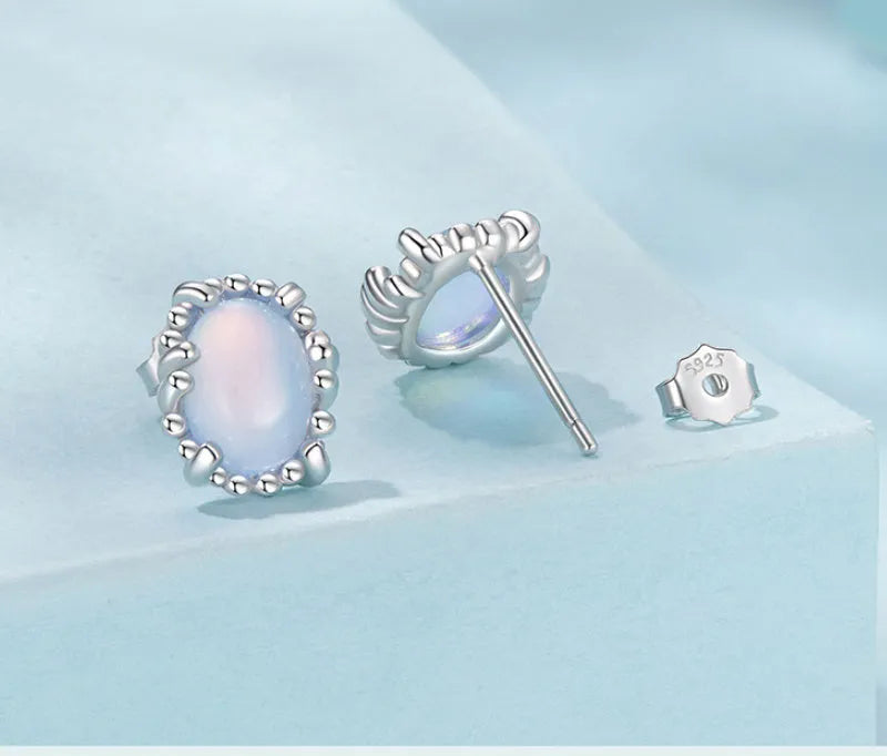 Women's 925 sterling silver magic stone stud earrings with geometric ellipse shape French romantic style