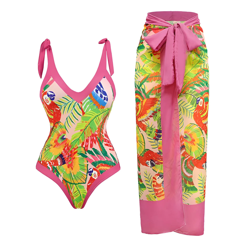 Women's solid colour one-piece swimsuit with spaghetti straps and matching removable skirt
