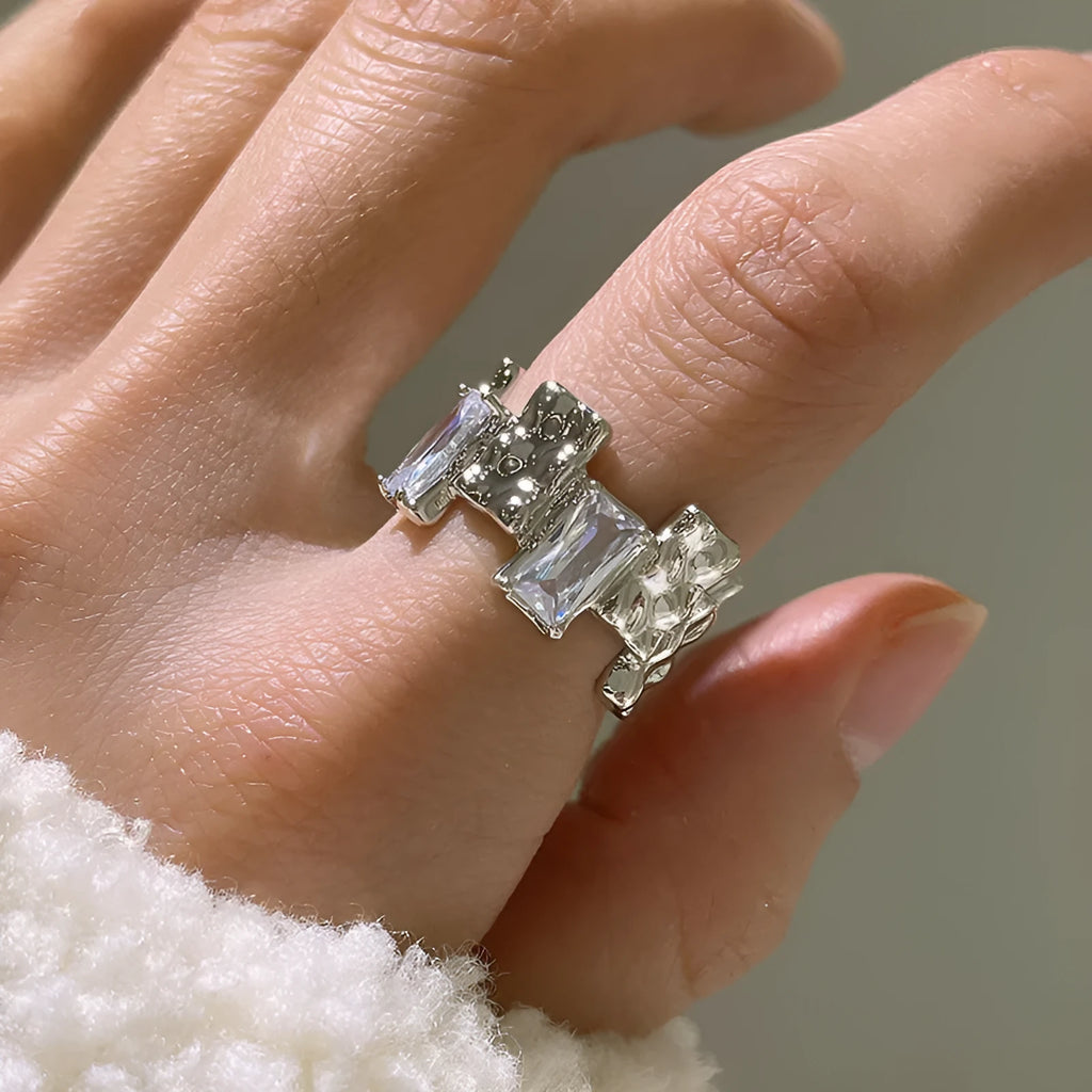 Cross design open geometric silver ring with retro styling and three-dimensional decoration